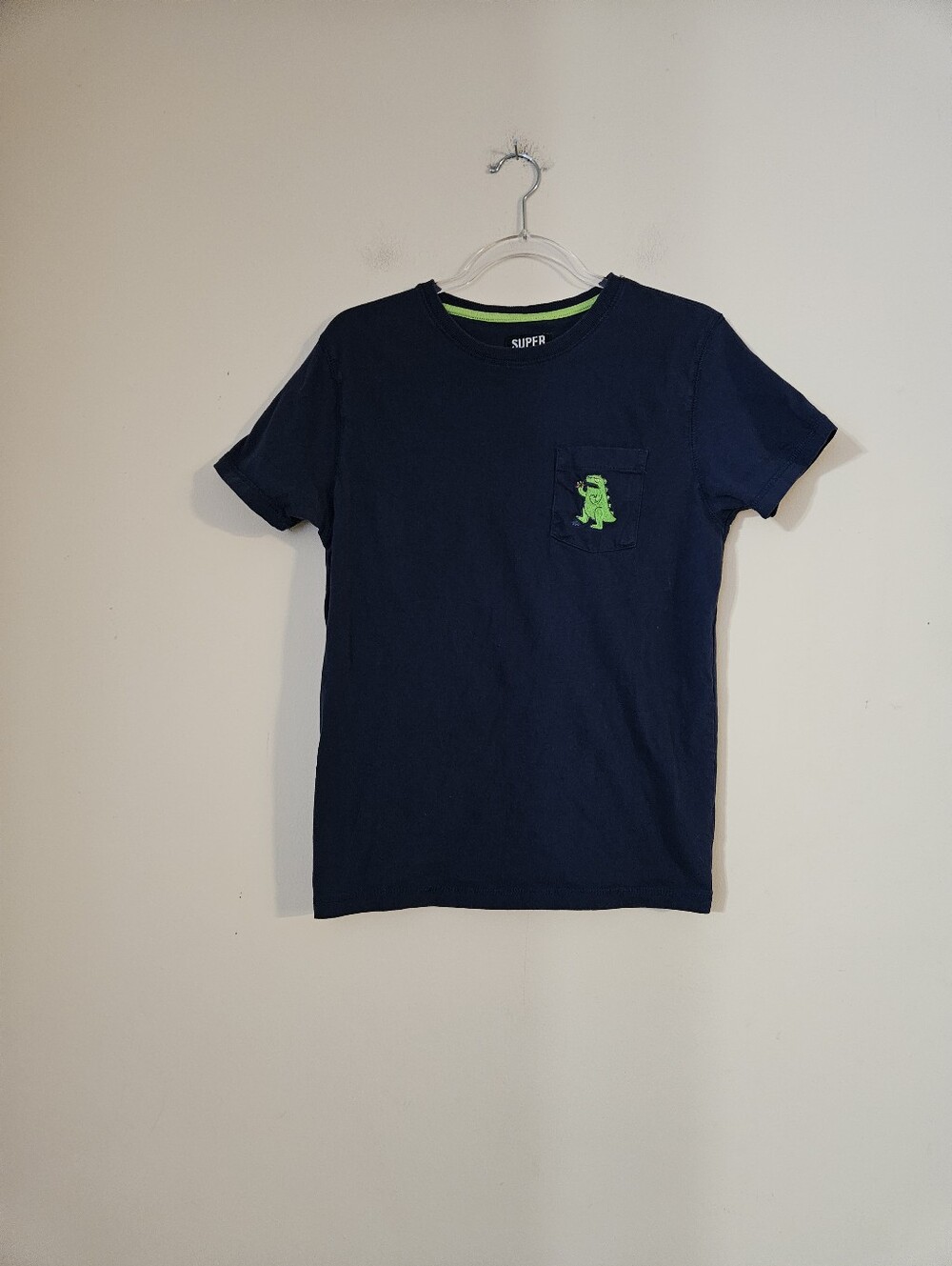 Super Massive Men's  Navy Tee with Neon Green Dino Pocket -Size Small